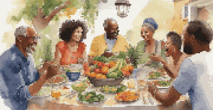 A diverse group of people sharing healthy recipes at a table filled with fruits and vegetables, with a warm and inviting atmosphere.
