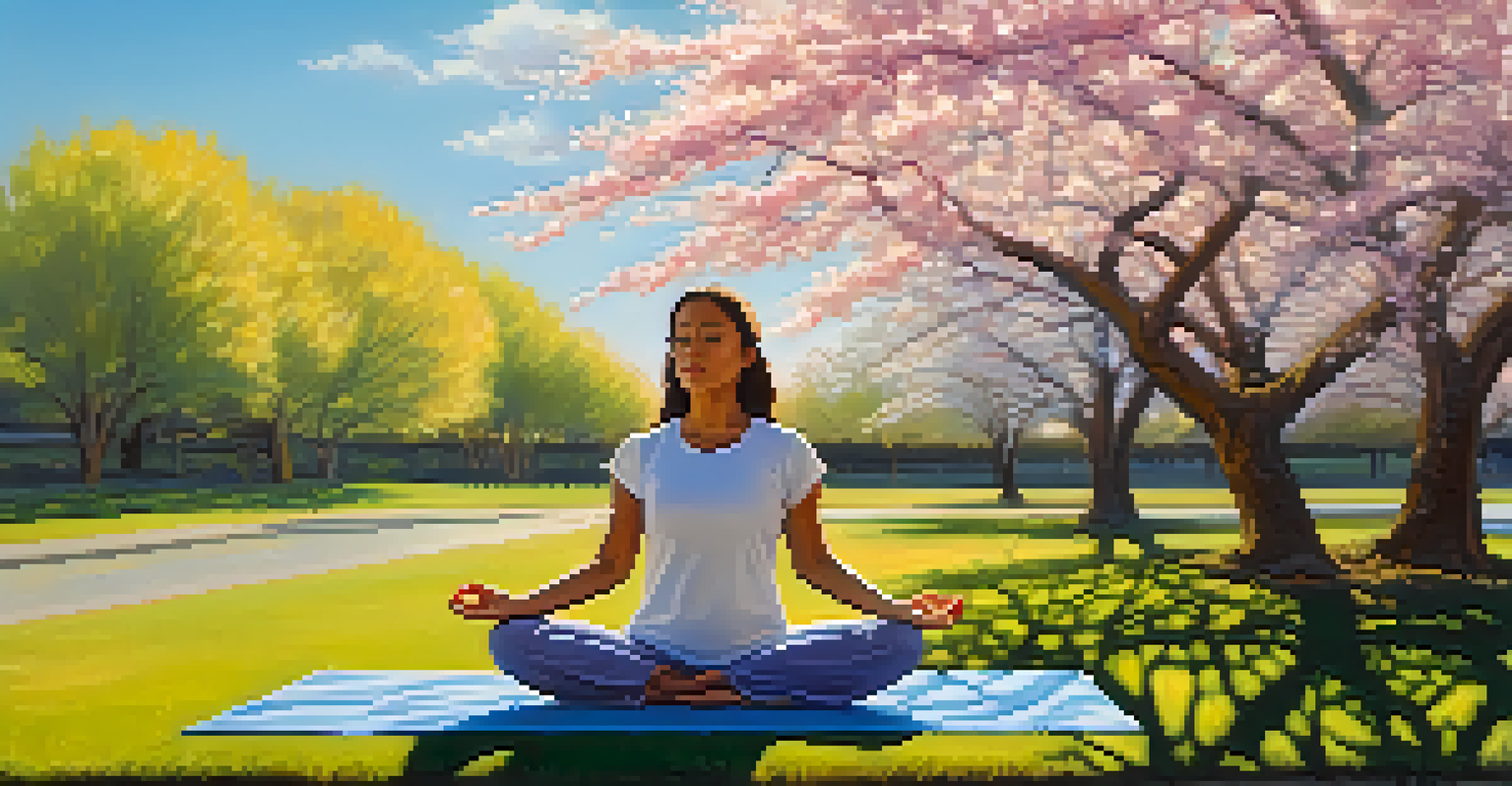 A person practicing yoga in a blooming spring field with a clear blue sky and colorful flowers.