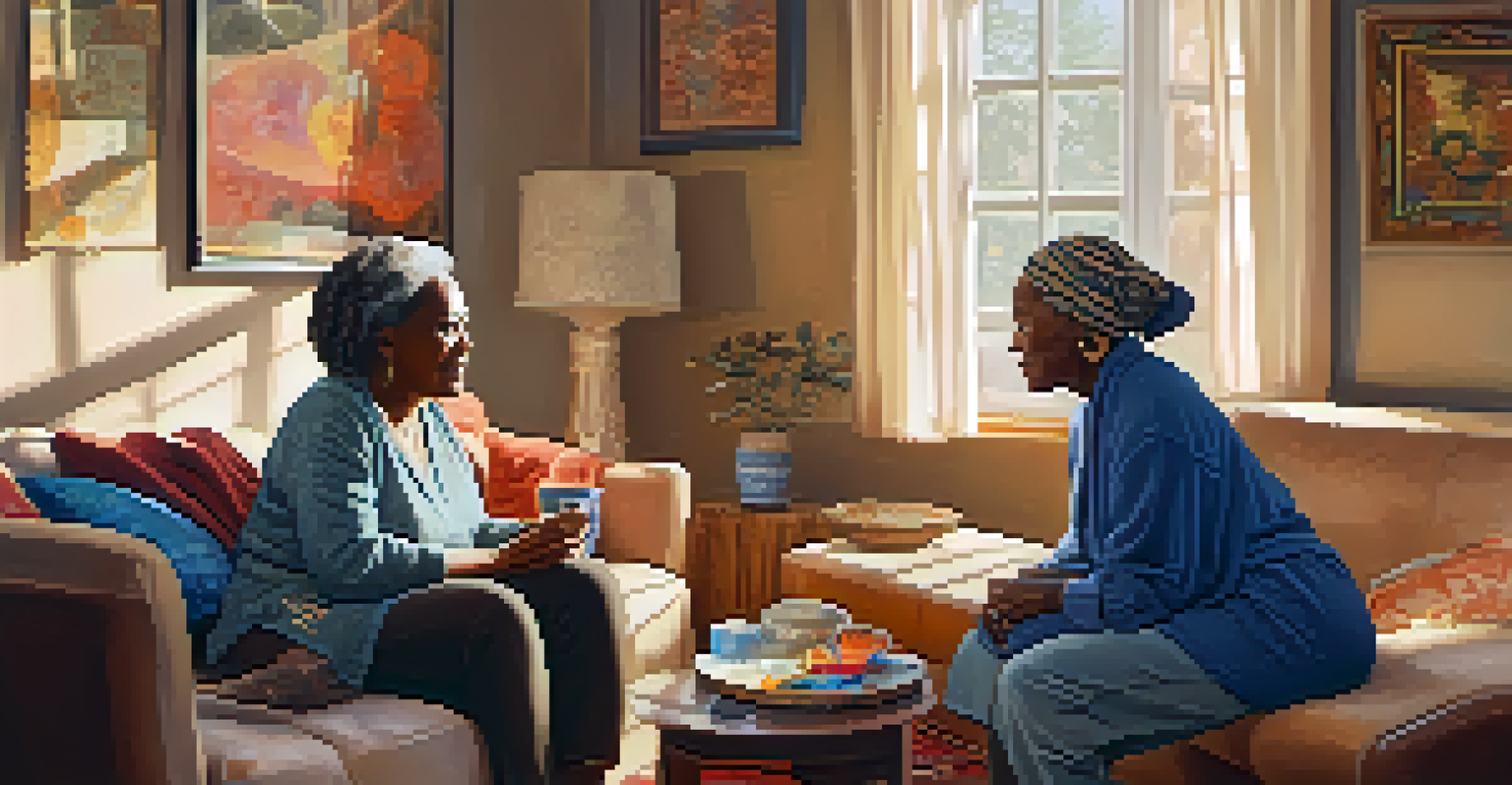 An older woman sharing wisdom about menopause with a younger friend in a cozy living room.