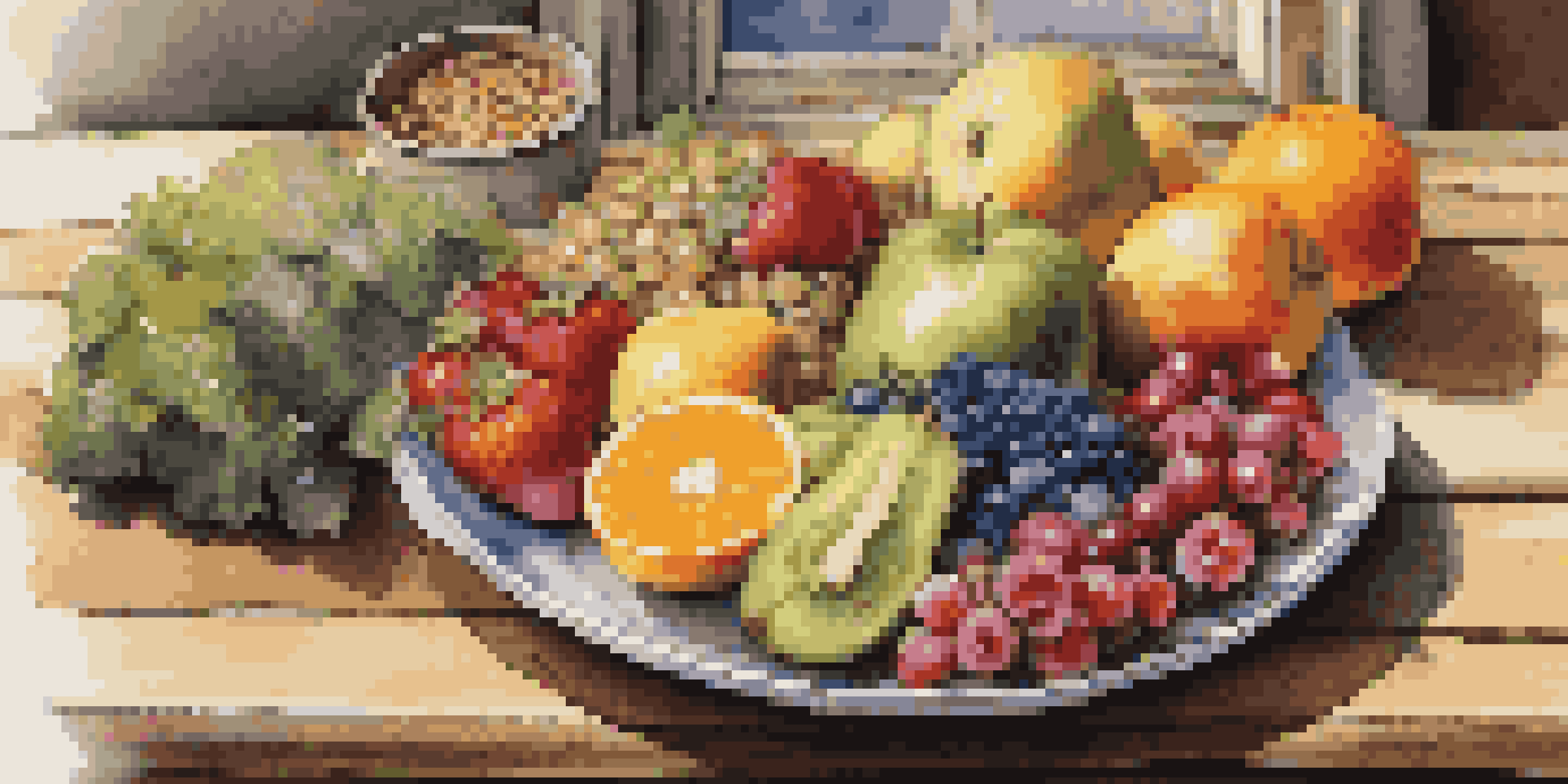 A vibrant plate filled with fresh fruits, vegetables, lean proteins, and whole grains on a rustic table, illuminated by natural light.