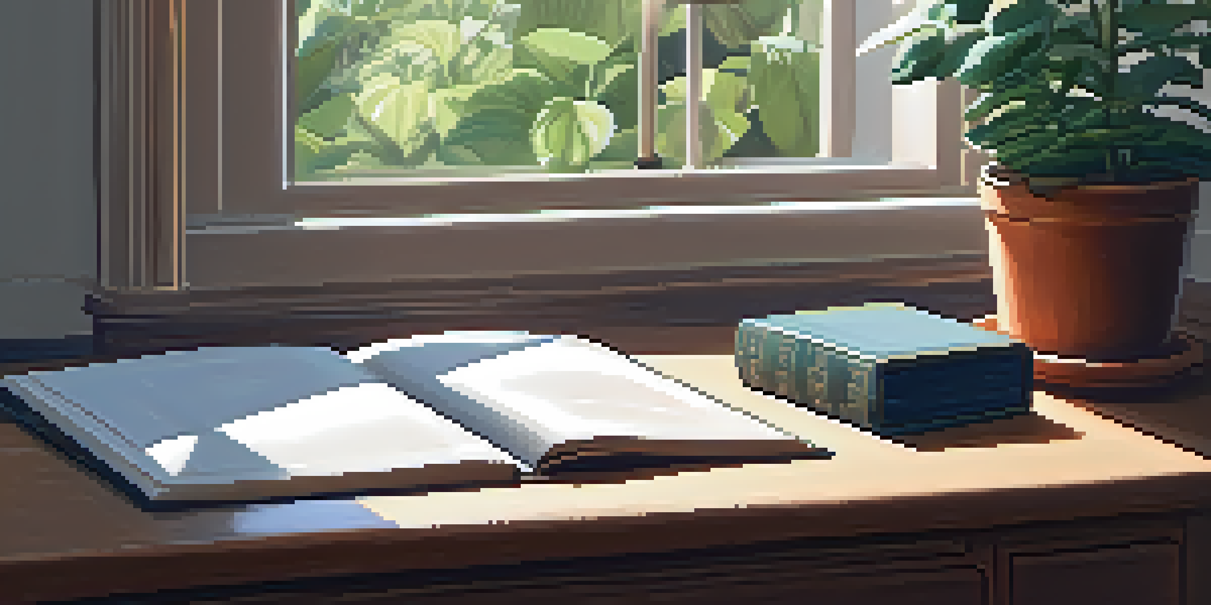 A peaceful workspace with a wooden desk, an open journal, a fountain pen, potted plants, and a glowing lamp, illuminated by natural light from a window.