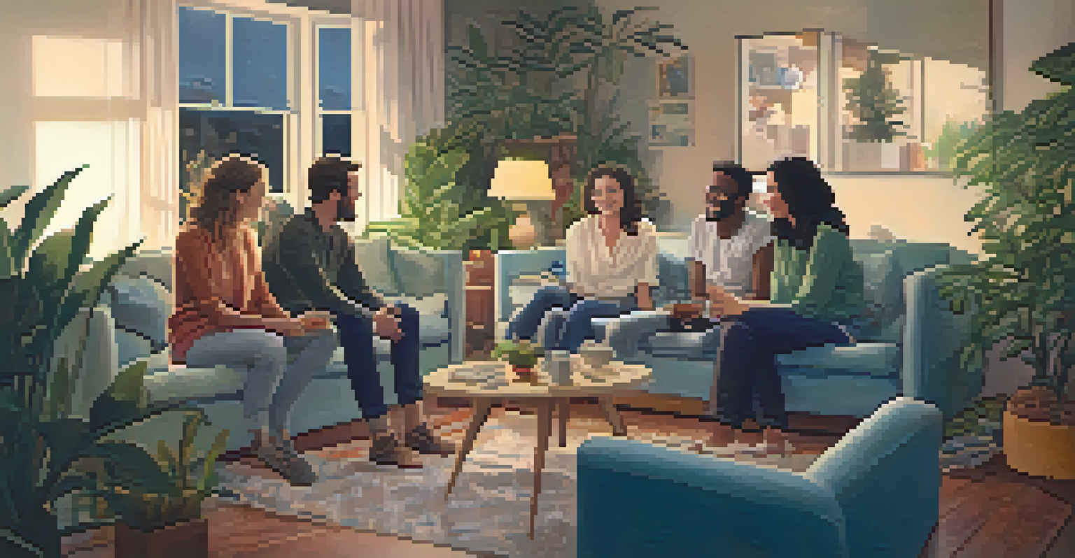 A warm living room filled with friends sharing stories and laughter, depicting strong social connections.