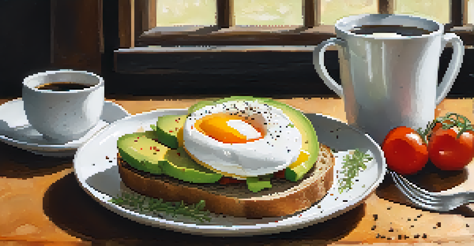 Avocado toast with tomatoes and a poached egg on a rustic breakfast table alongside a cup of coffee and mixed fruit.