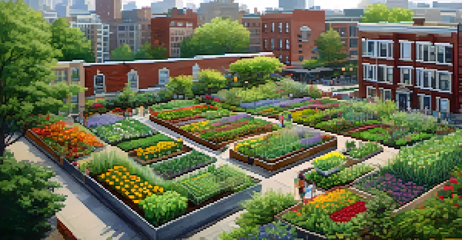 An aerial view of a lush community garden surrounded by urban buildings, with people tending to the plants.
