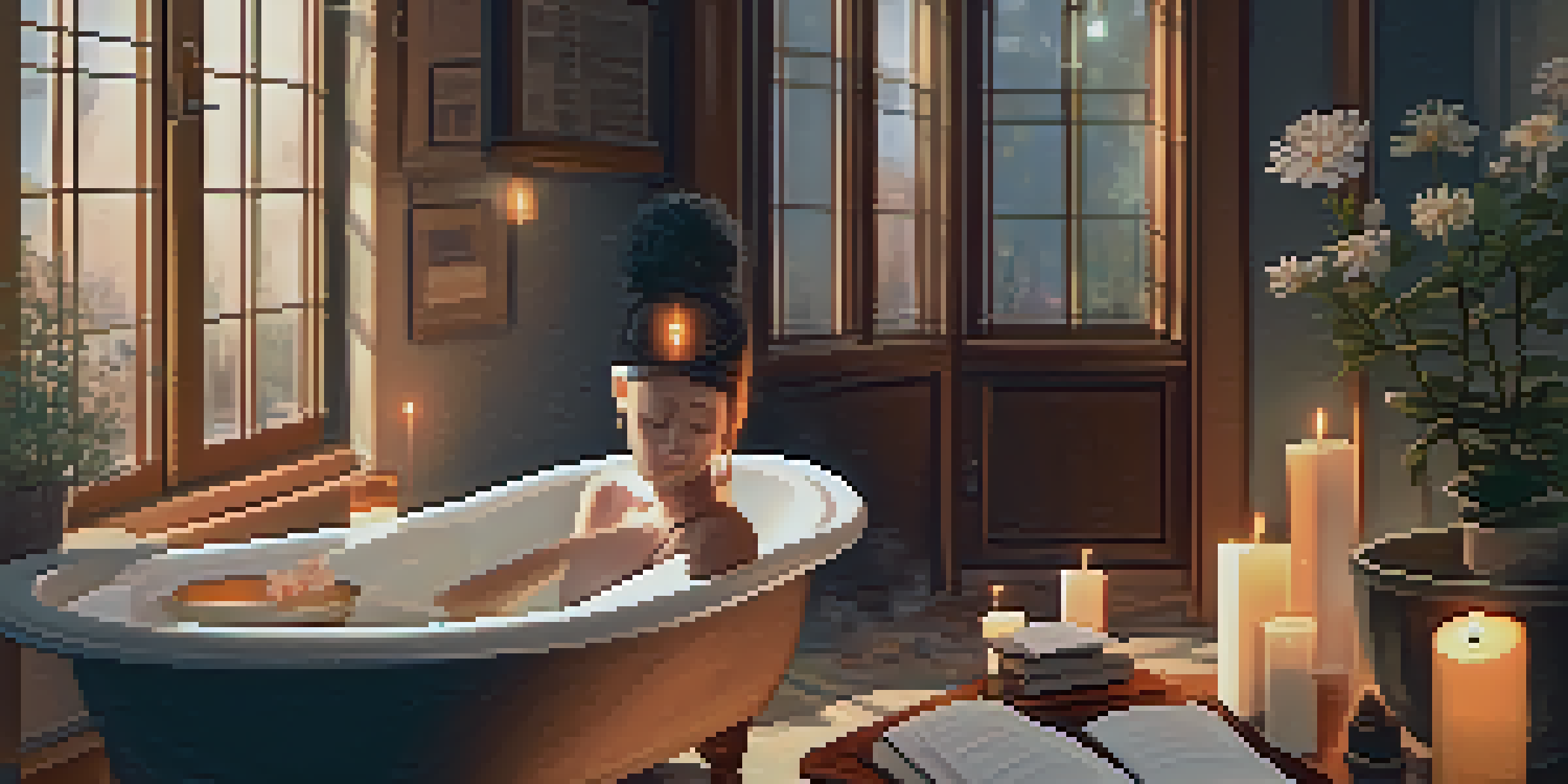 A person enjoying a warm bath in a cozy bathroom, surrounded by candles and flowers, with a journal and herbal tea nearby, creating a serene atmosphere.