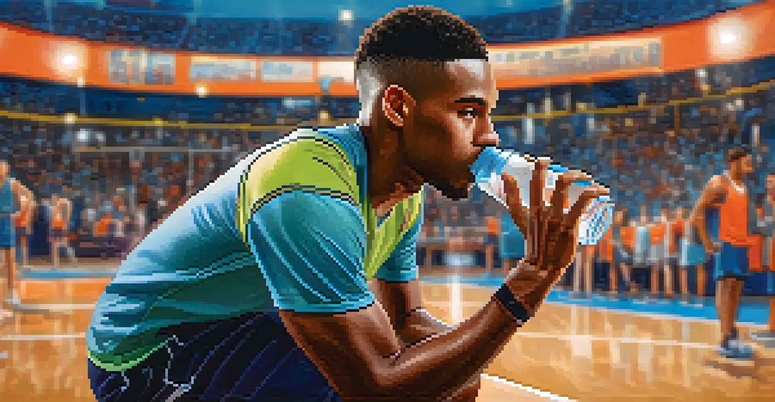An athlete drinking water on a basketball court, looking focused and confident.