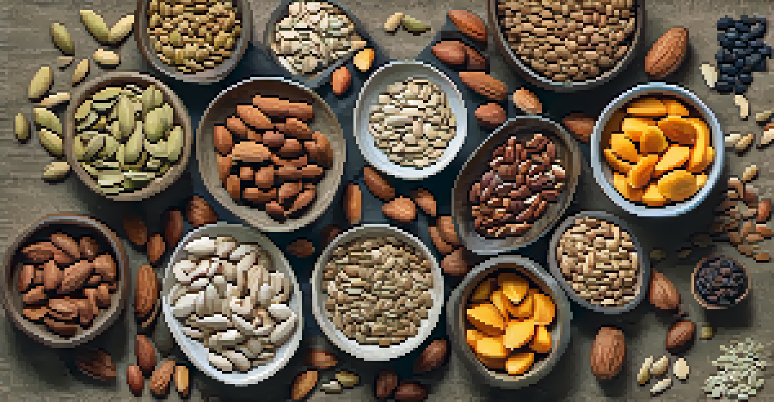 A flat lay of bowls filled with almonds, pumpkin seeds, and sunflower seeds on a textured linen fabric, illuminated by warm light.