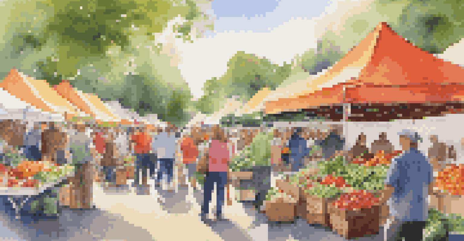A lively farmers' market with local vendors selling fresh produce, colorful fruits and vegetables, and shoppers interacting under a sunny sky.