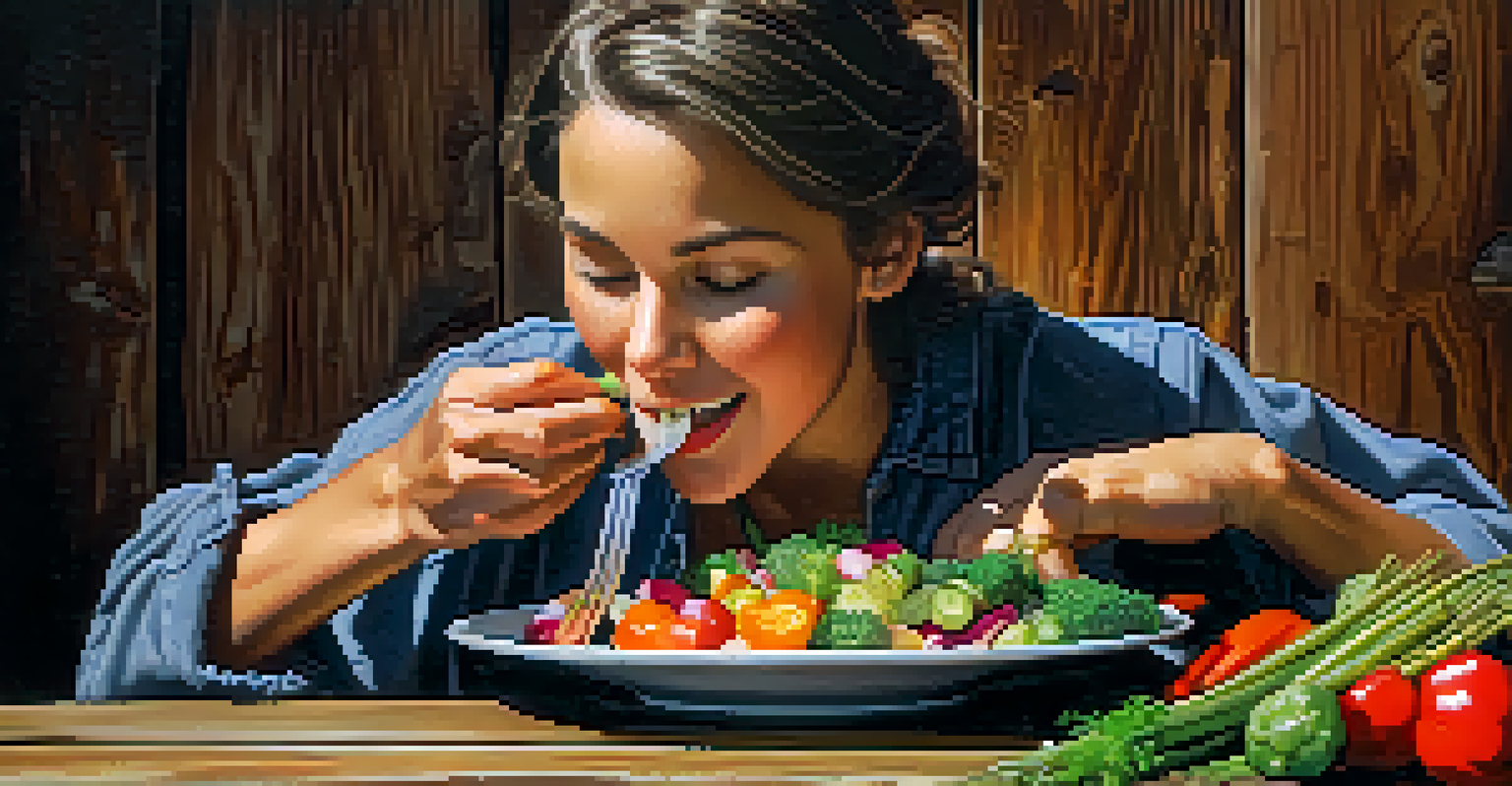 A close-up of a person enjoying a bite of colorful vegetables, emphasizing a mindful eating experience.