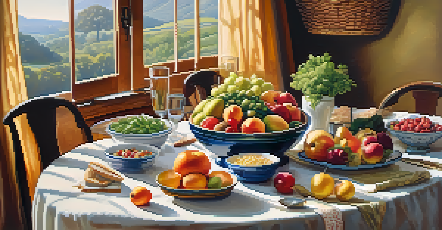 A dining table with a balanced meal of whole grains, lean proteins, and colorful fruits and vegetables, illuminated by sunlight.