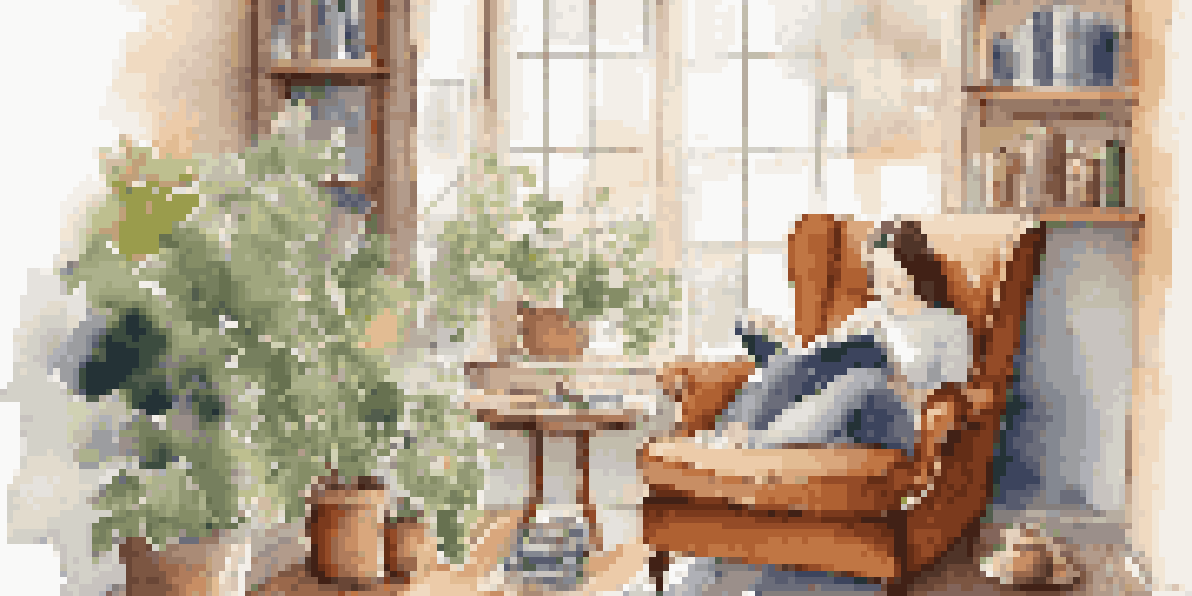 A person reading a book in a cozy nook with plants and a cup of tea, highlighting self-care.