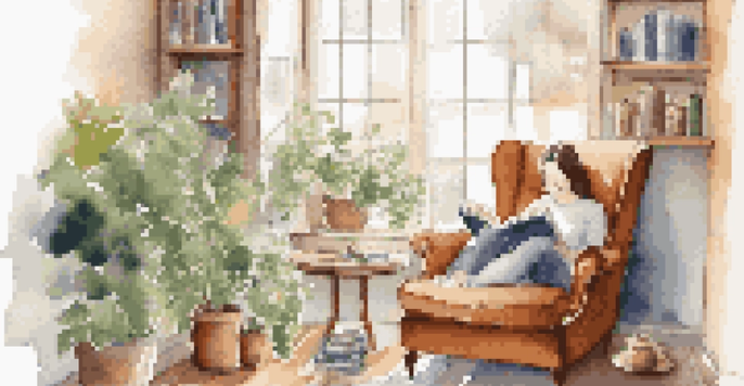 A person reading a book in a cozy nook with plants and a cup of tea, highlighting self-care.