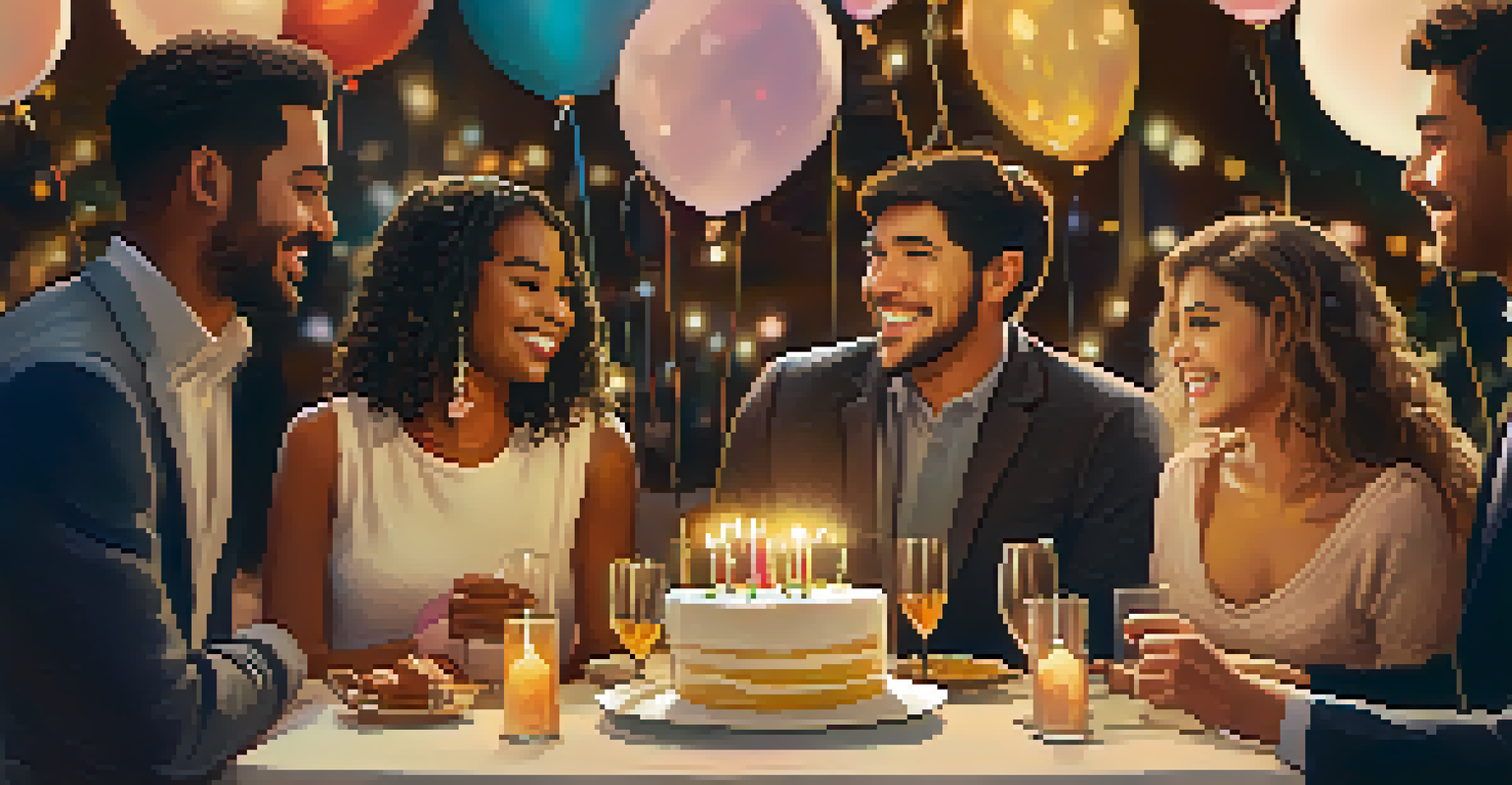A group of diverse people celebrating together with smiles and a cake in a cozy setting.
