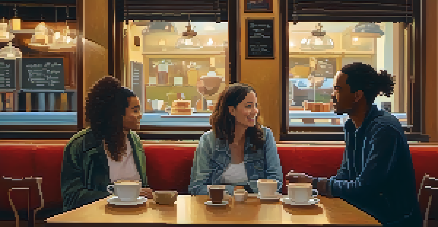 Two friends sitting in a cozy coffee shop, engaged in a deep conversation about mental health, with coffee cups on the table.