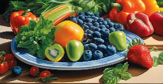 A vibrant assortment of fresh fruits and vegetables arranged like a painter's palette, showcasing a variety of colors and textures.