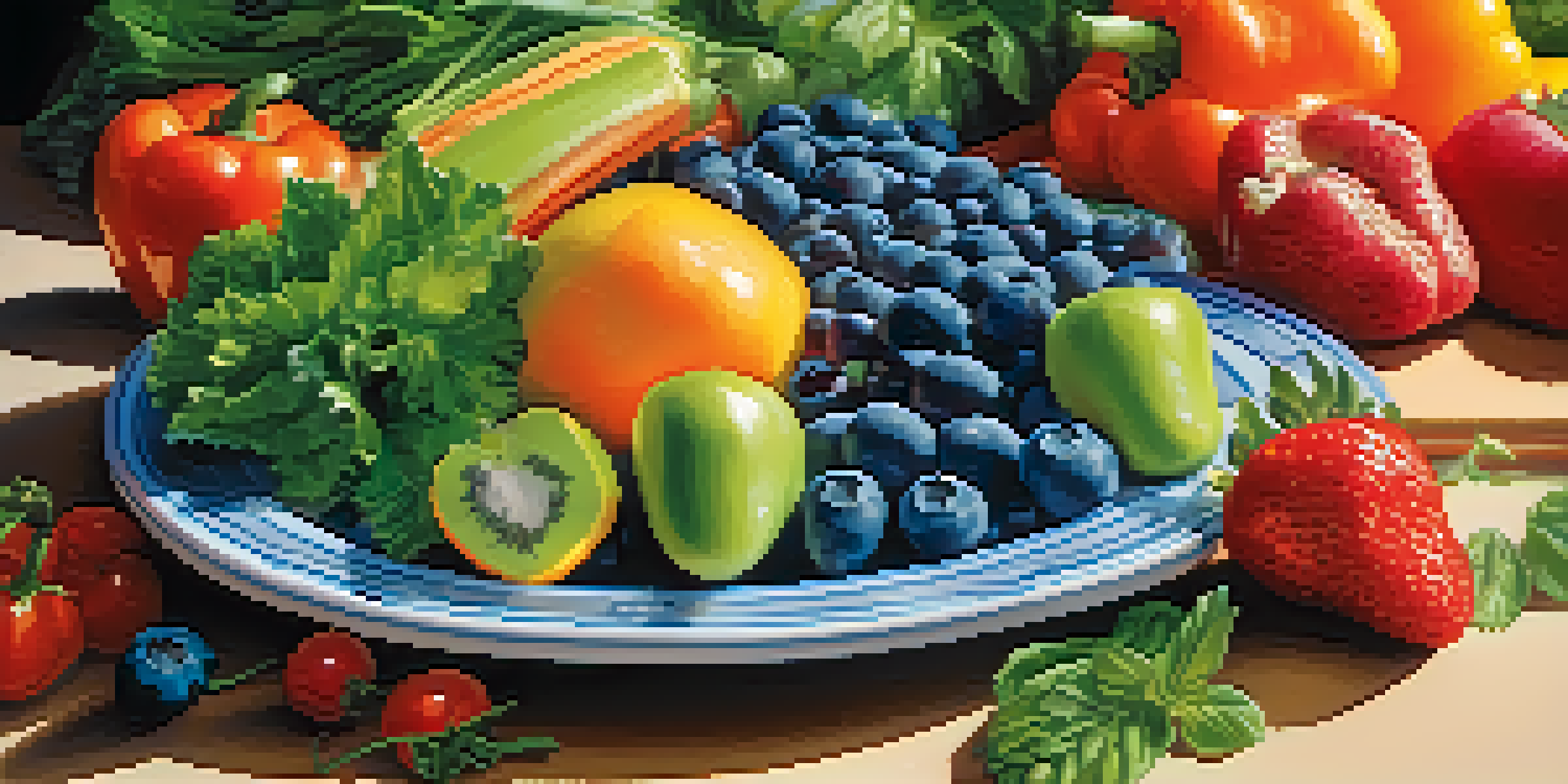 A vibrant assortment of fresh fruits and vegetables arranged like a painter's palette, showcasing a variety of colors and textures.
