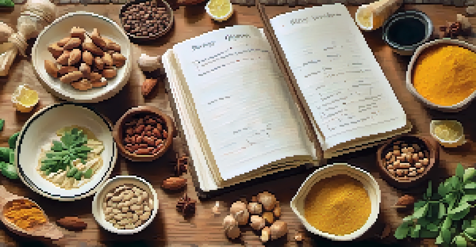 A notebook with dietary notes next to healthy food items including fish and spices on a wooden table.