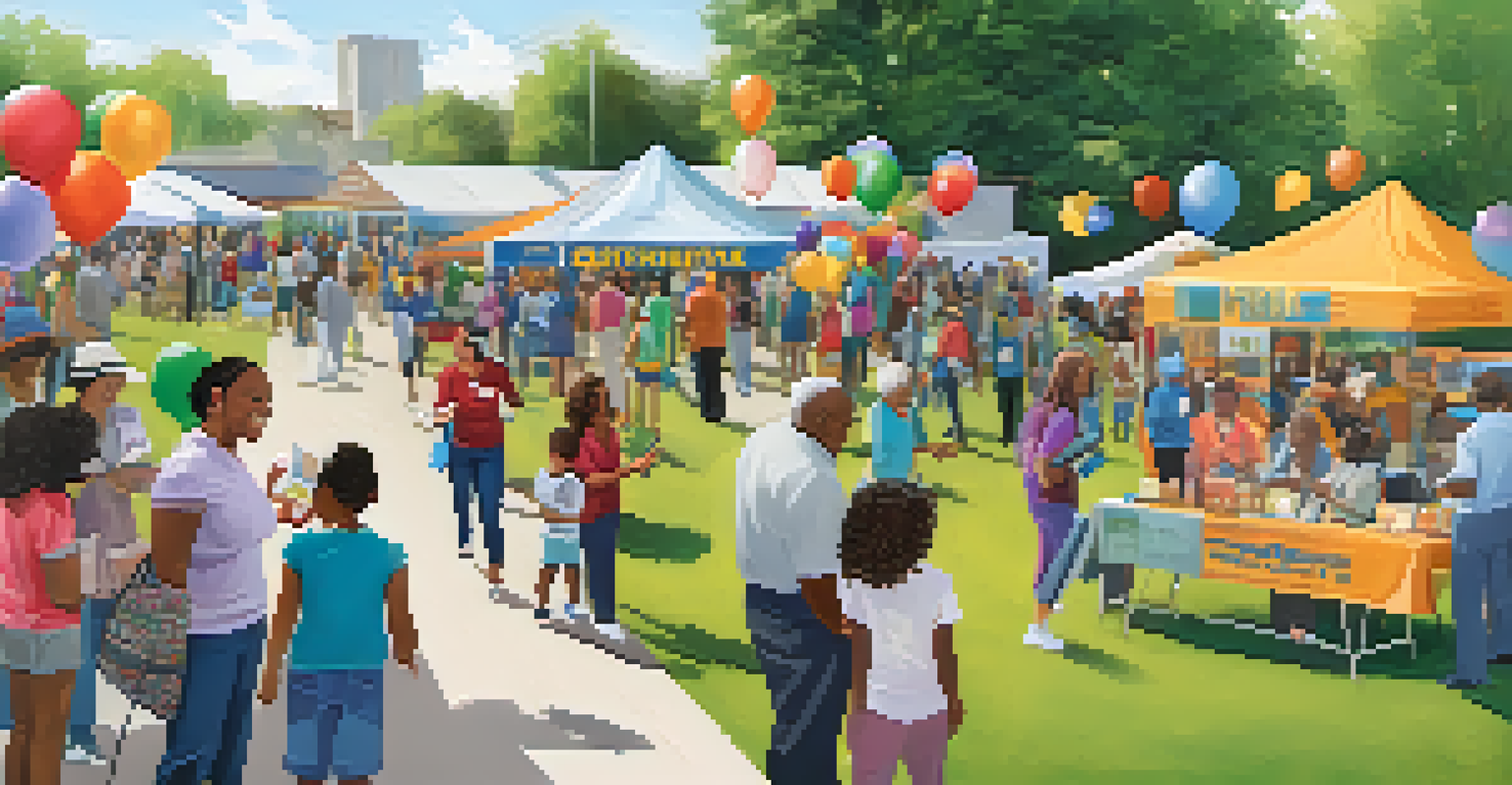 A lively community health fair with family physicians providing information and screenings to a diverse crowd.