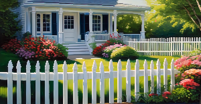 A peaceful garden with colorful flowers surrounded by a white picket fence under a clear blue sky.