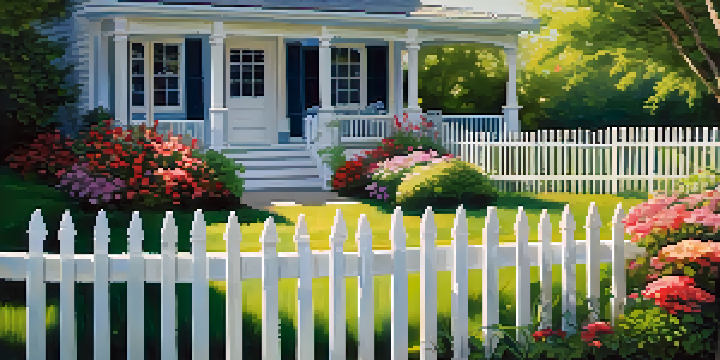 A peaceful garden with colorful flowers surrounded by a white picket fence under a clear blue sky.