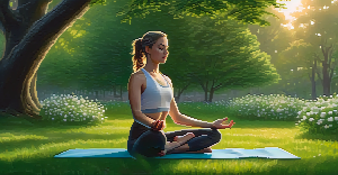 A young woman practicing yoga in a green park at sunrise, surrounded by flowers and trees.