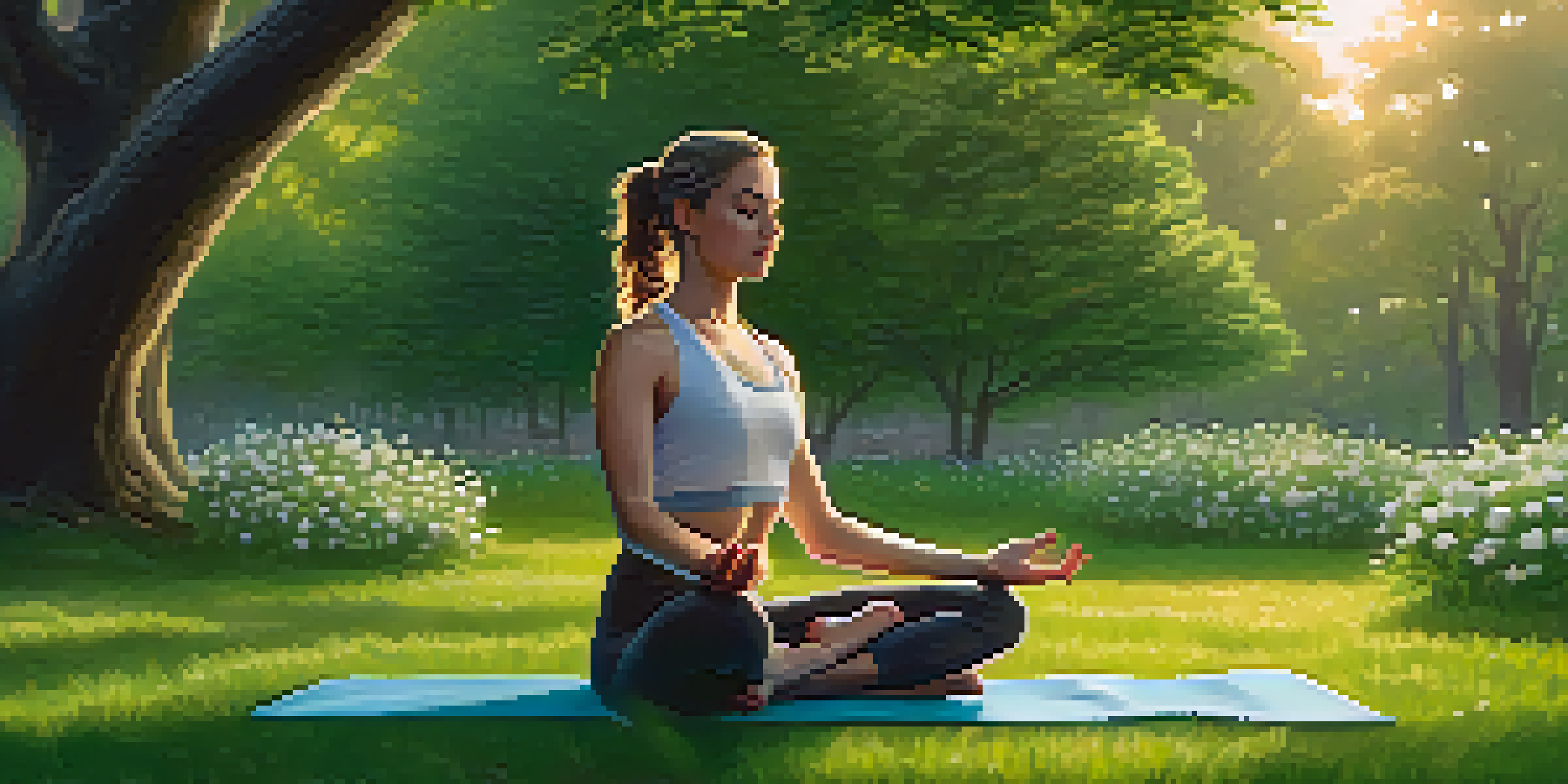 A young woman practicing yoga in a green park at sunrise, surrounded by flowers and trees.
