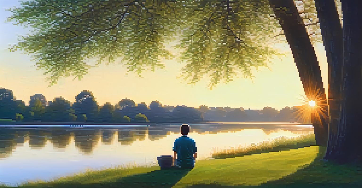 A person meditating by a riverbank at sunset, surrounded by lush greenery and the soft flow of water.