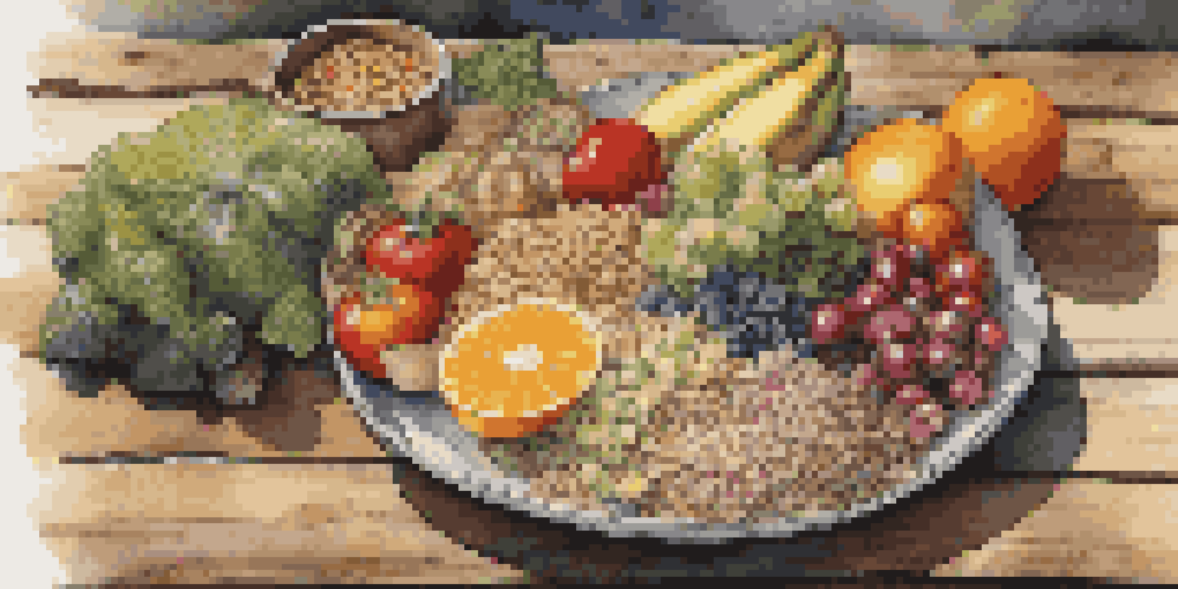 A colorful plate filled with whole grains, lean proteins, fruits, and vegetables on a wooden table with natural lighting.