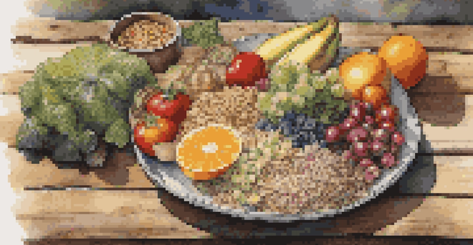 A colorful plate filled with whole grains, lean proteins, fruits, and vegetables on a wooden table with natural lighting.