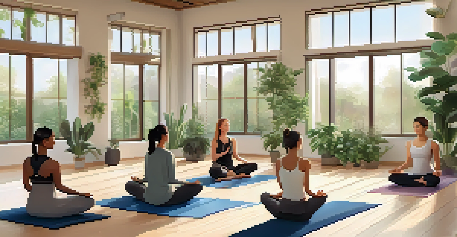An indoor yoga studio filled with natural light, featuring an instructor demonstrating breathing techniques with students practicing yoga.