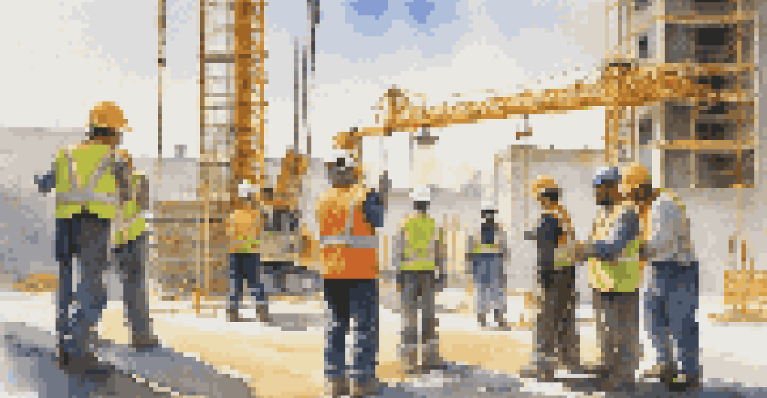 A construction site with a worker teaching proper lifting techniques to colleagues, surrounded by scaffolding and safety equipment.
