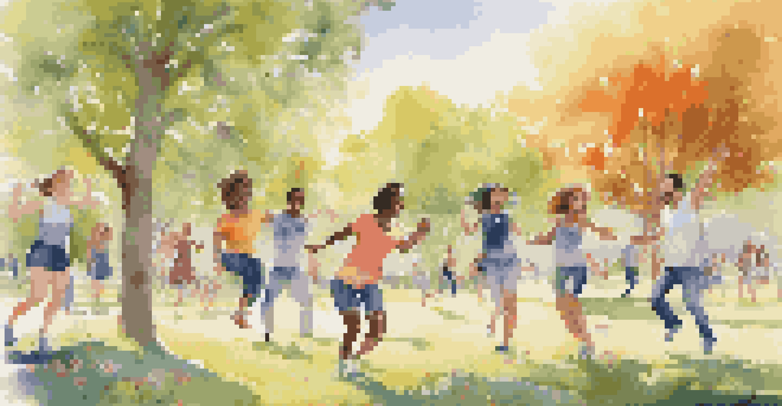 A group of friends dancing and having fun in a sunny park, surrounded by greenery and flowers, showcasing joy and connection.