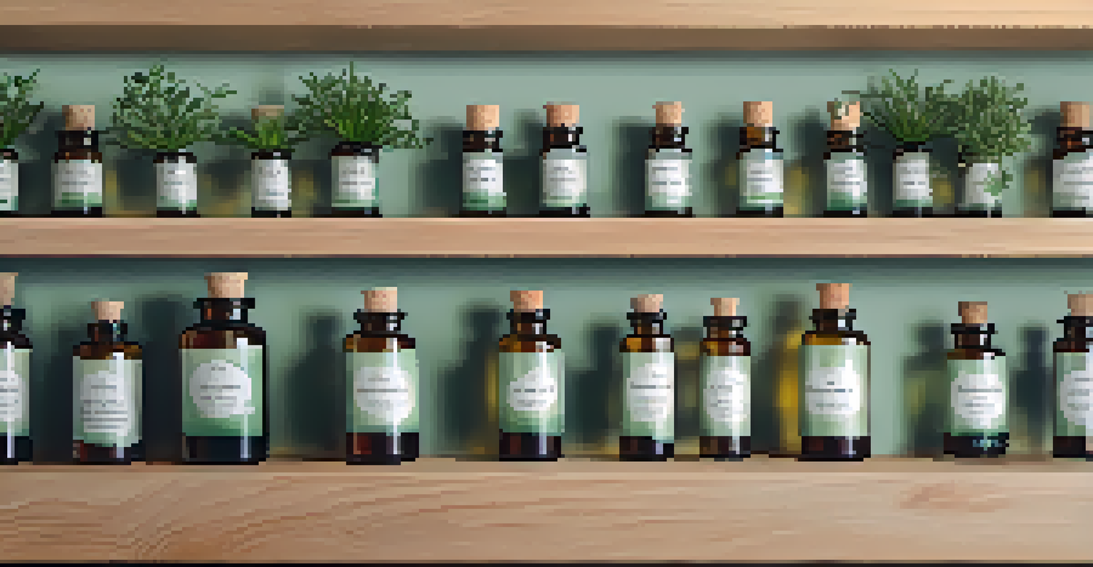 Close-up of various essential oil bottles on a wooden shelf, with blurred background and natural elements.