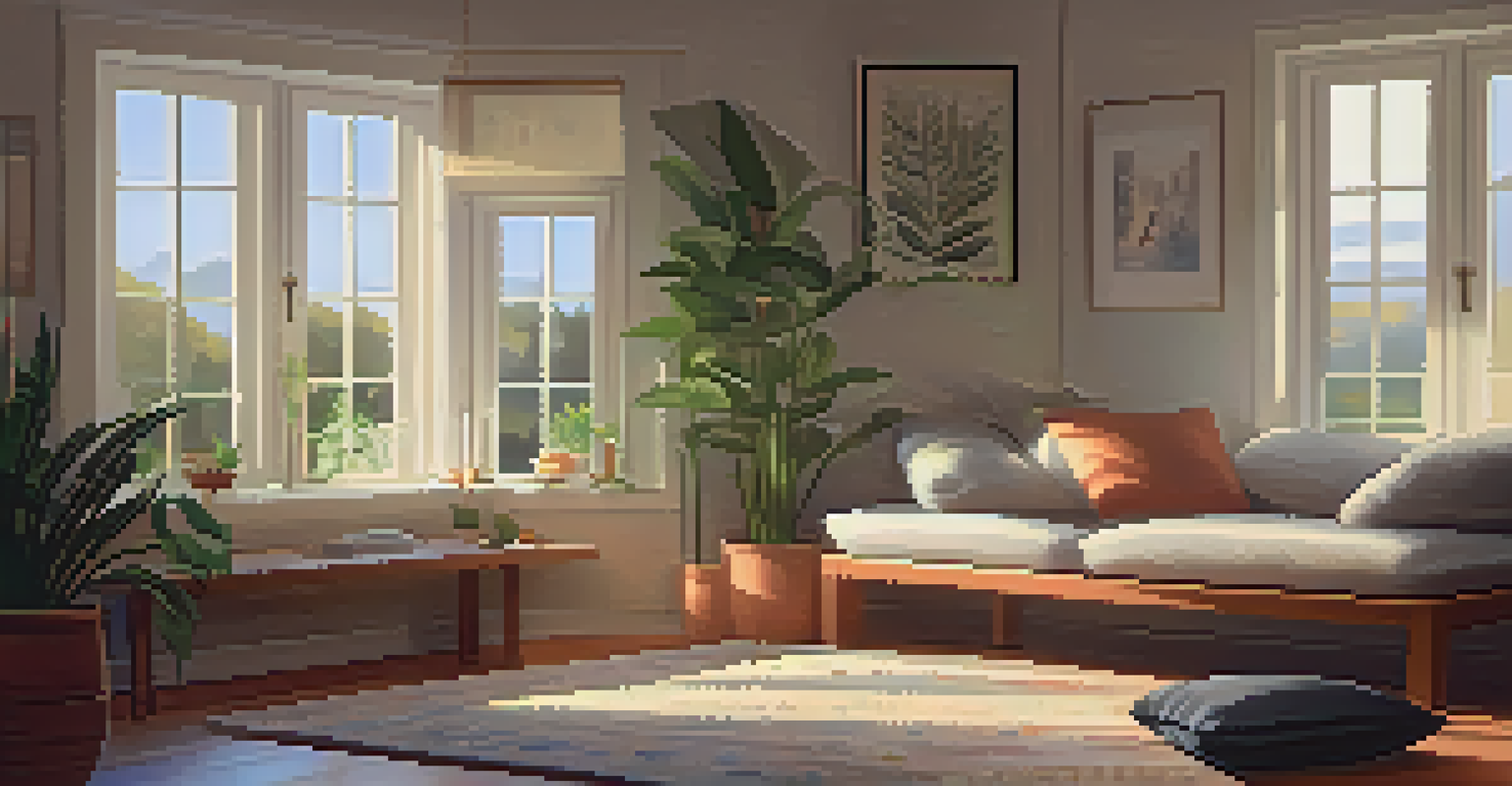A cozy indoor space where a person is practicing mindfulness, surrounded by candles and plants, with sunlight streaming through a window.