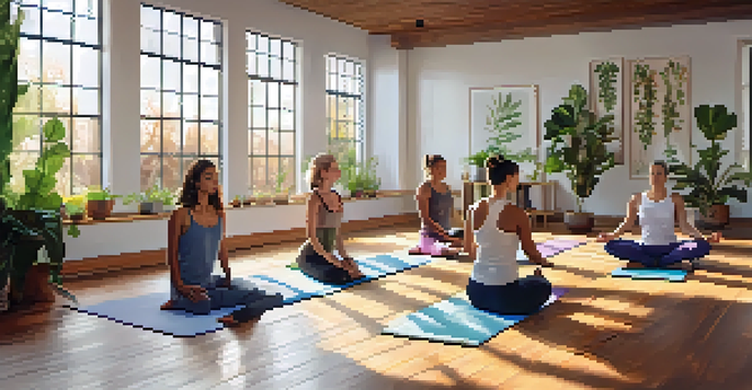 A diverse group of individuals practicing yoga in a serene studio filled with soft morning light and indoor plants.