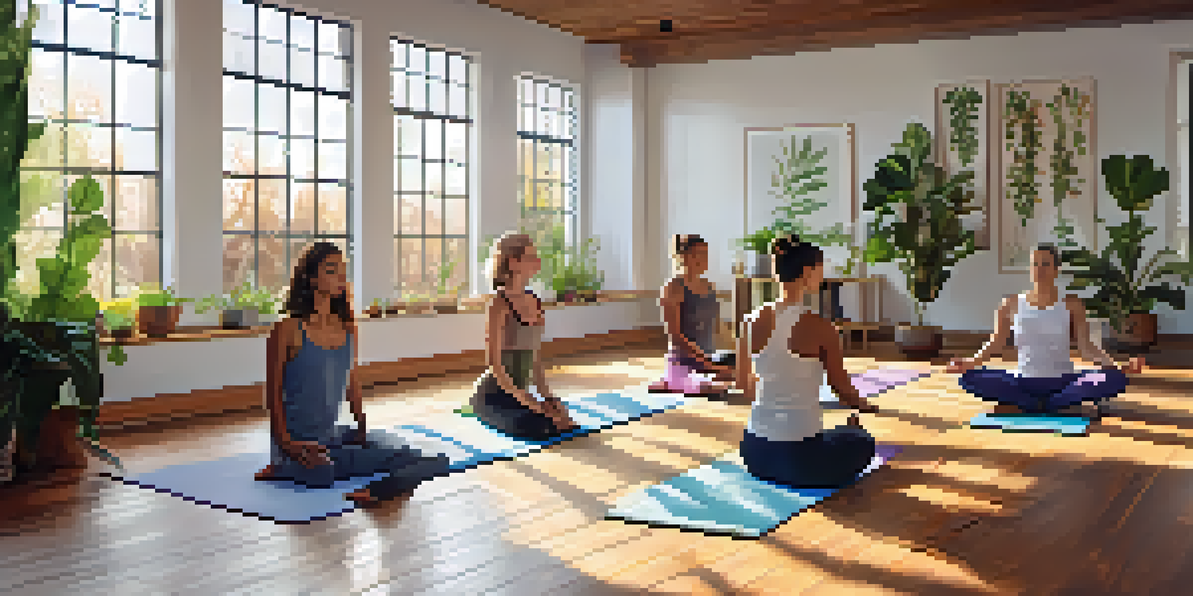 A diverse group of individuals practicing yoga in a serene studio filled with soft morning light and indoor plants.