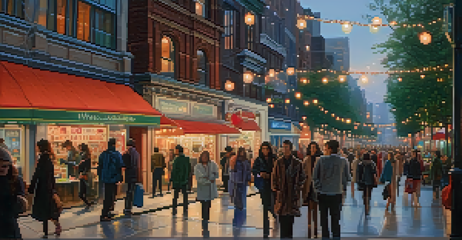 A bustling urban street at dusk, with people walking along the sidewalk amidst tall buildings and glowing lights.