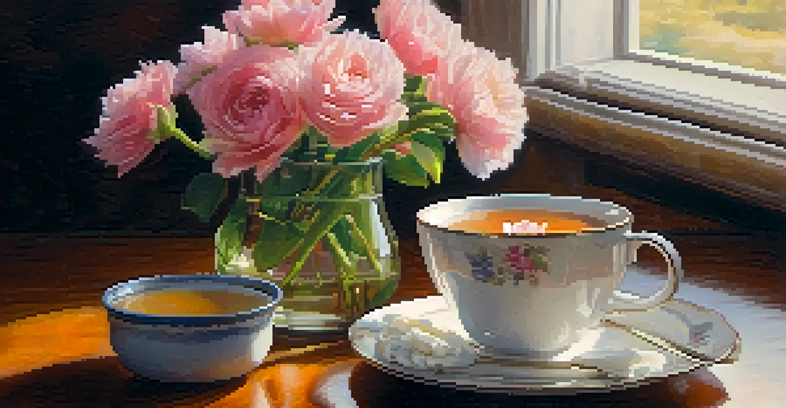 A hand holding a warm cup of tea on a cozy table with flowers, creating a calming atmosphere.