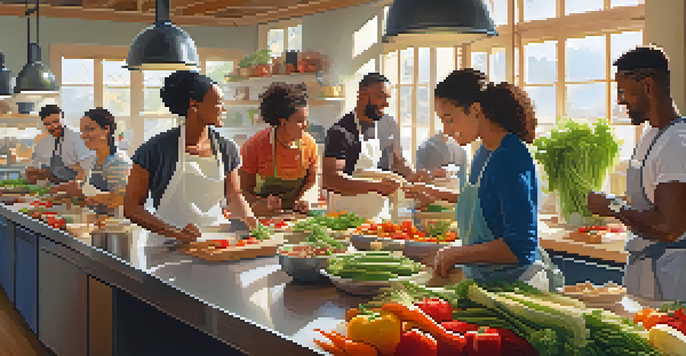 A group of athletes participating in a cooking workshop, preparing healthy meals together in a bright kitchen filled with fresh ingredients.