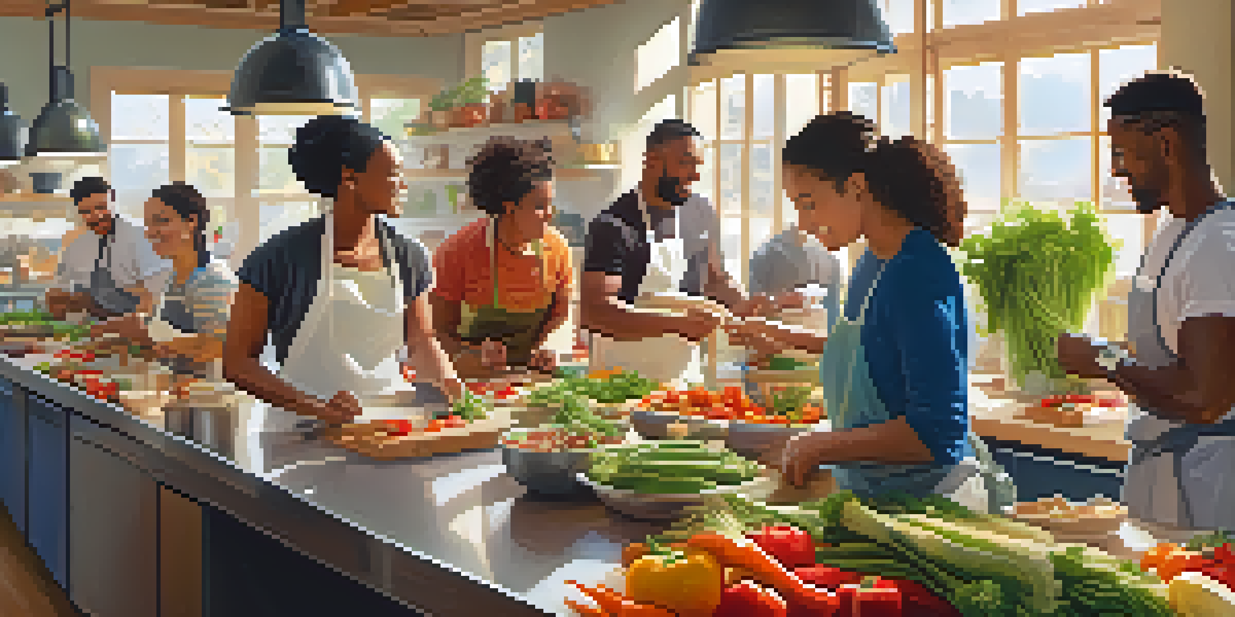 A group of athletes participating in a cooking workshop, preparing healthy meals together in a bright kitchen filled with fresh ingredients.