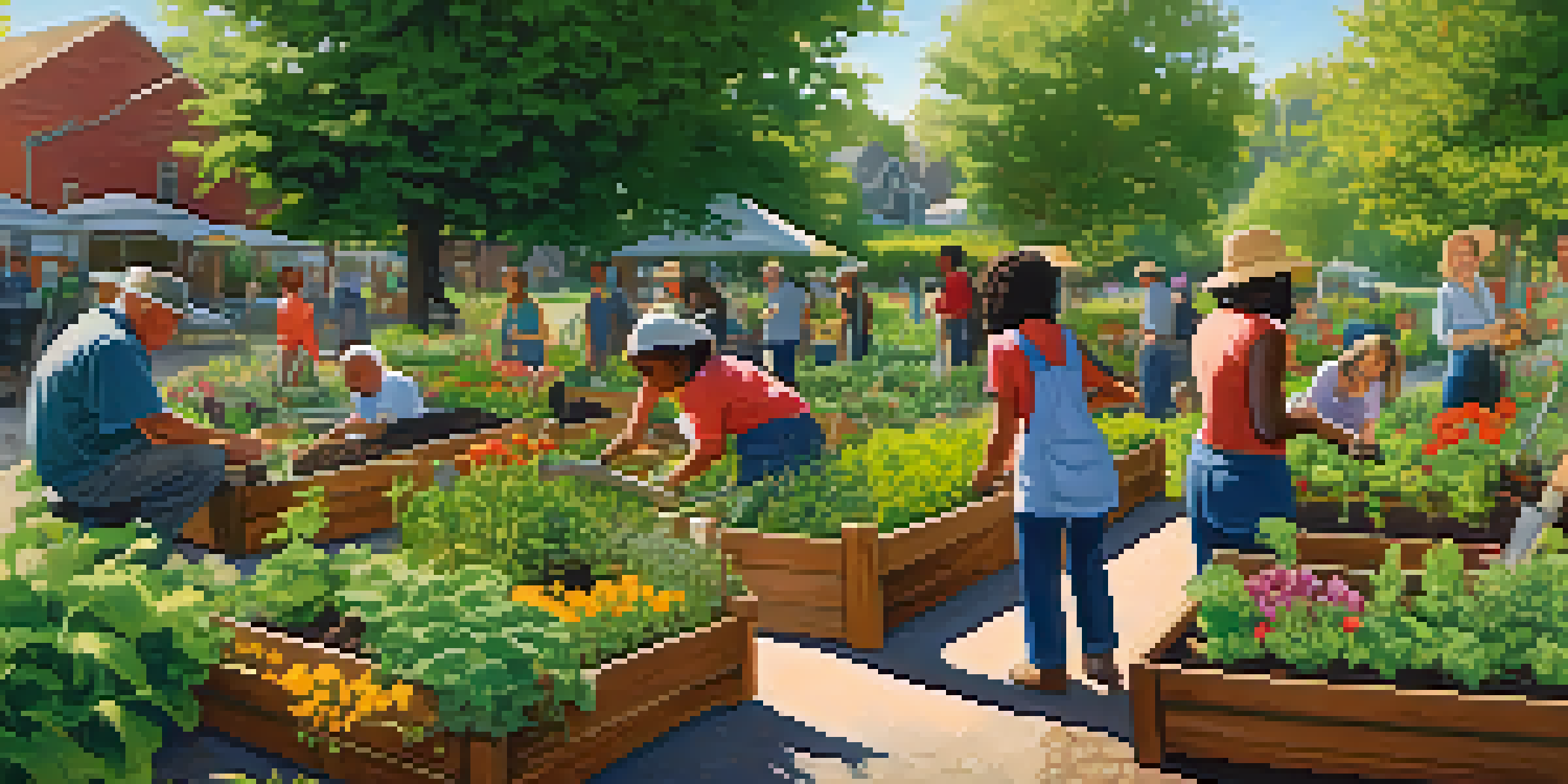 A community garden where people of different ages and backgrounds are planting vegetables and herbs together under sunlight.