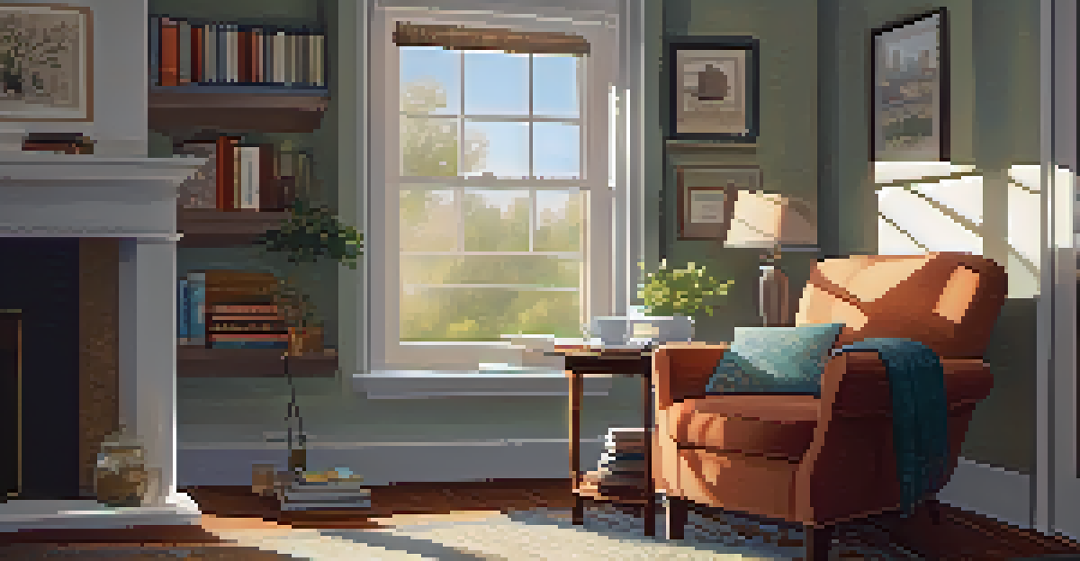 A cozy reading nook featuring an armchair, books, and a cup of tea, illuminated by natural light.