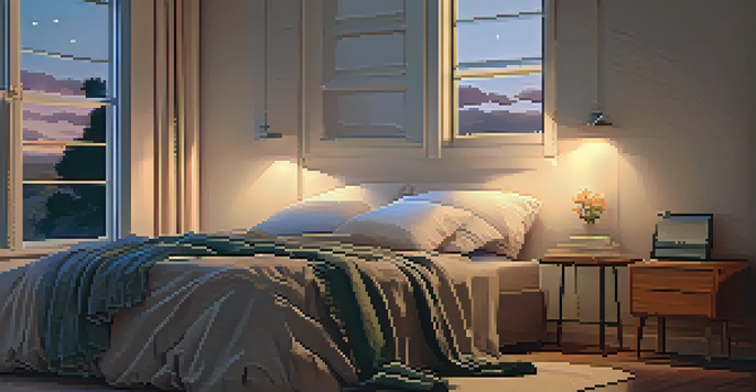 A tranquil bedroom with soft lighting, a neatly made bed, a candle, and a journal on the bedside table, creating a peaceful atmosphere.