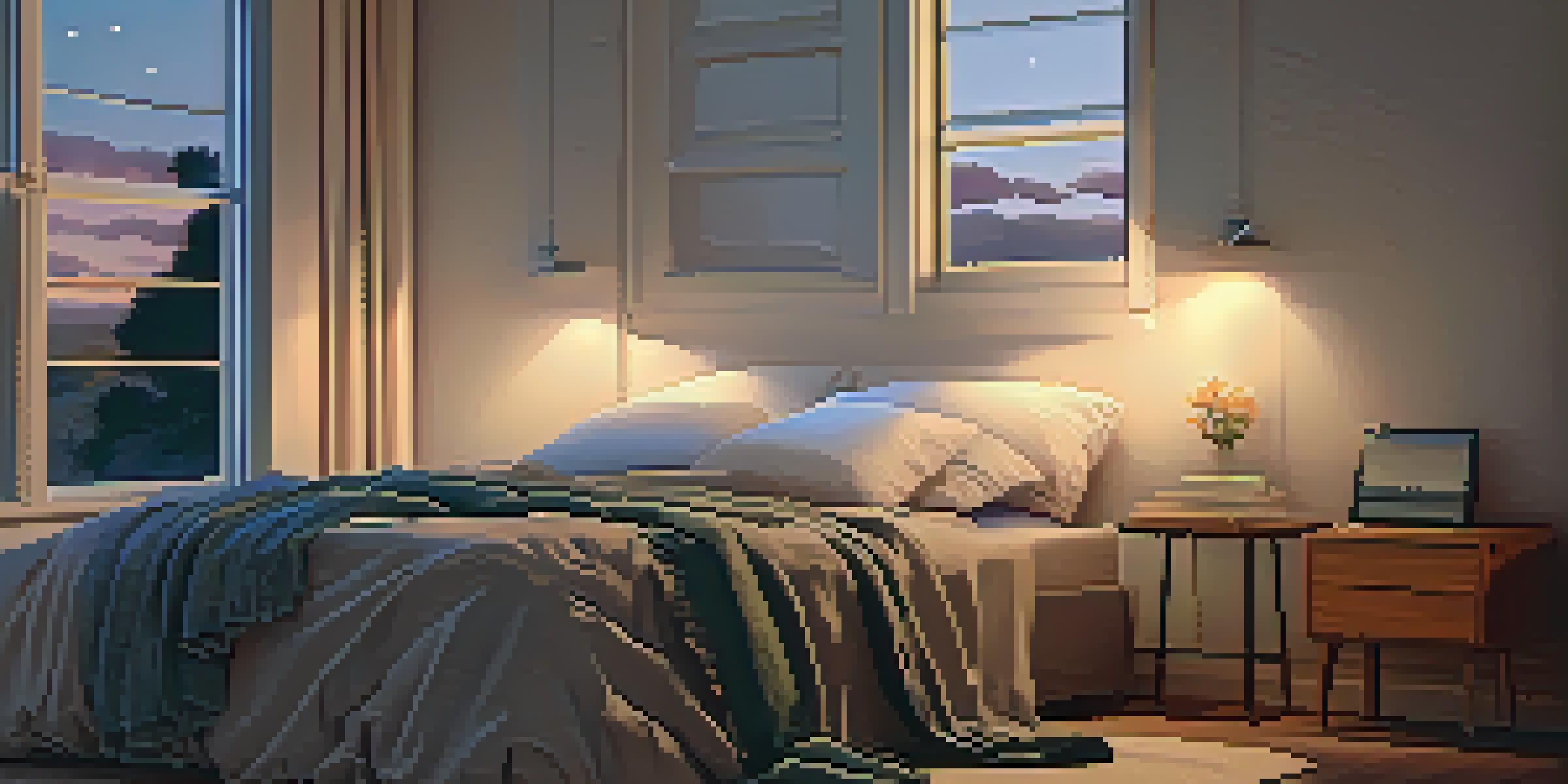 A tranquil bedroom with soft lighting, a neatly made bed, a candle, and a journal on the bedside table, creating a peaceful atmosphere.