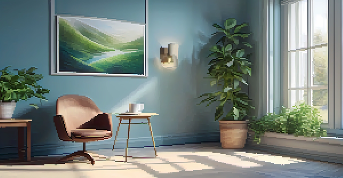 A peaceful office area with a comfortable chair, a steaming cup of tea, and a potted plant, illuminated by natural sunlight from a large window.