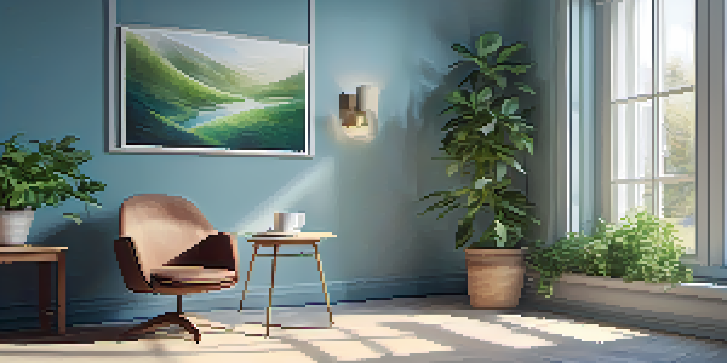 A peaceful office area with a comfortable chair, a steaming cup of tea, and a potted plant, illuminated by natural sunlight from a large window.