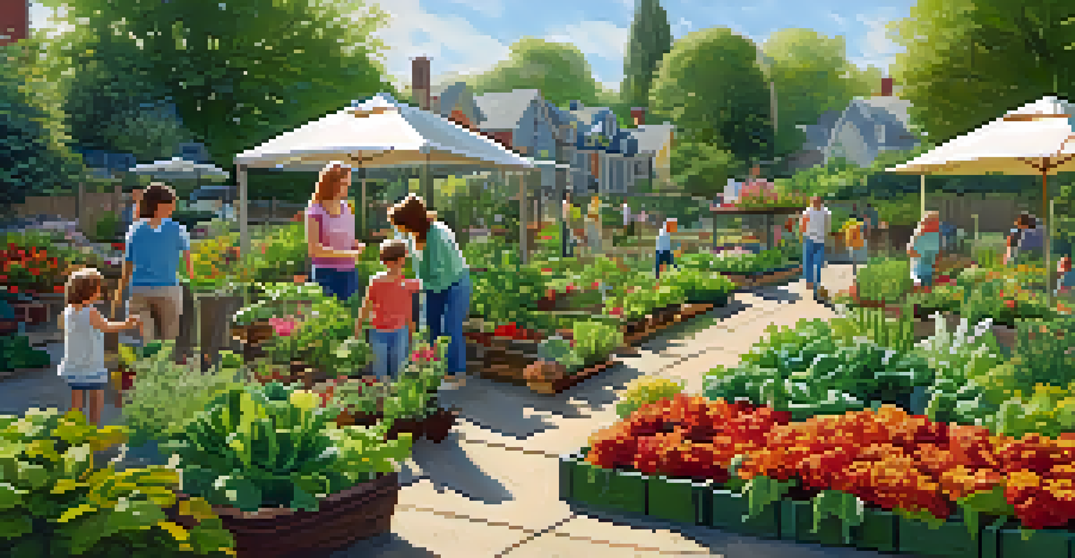 A vibrant community garden scene with families gardening together under the sun, surrounded by blooming flowers and vegetables.