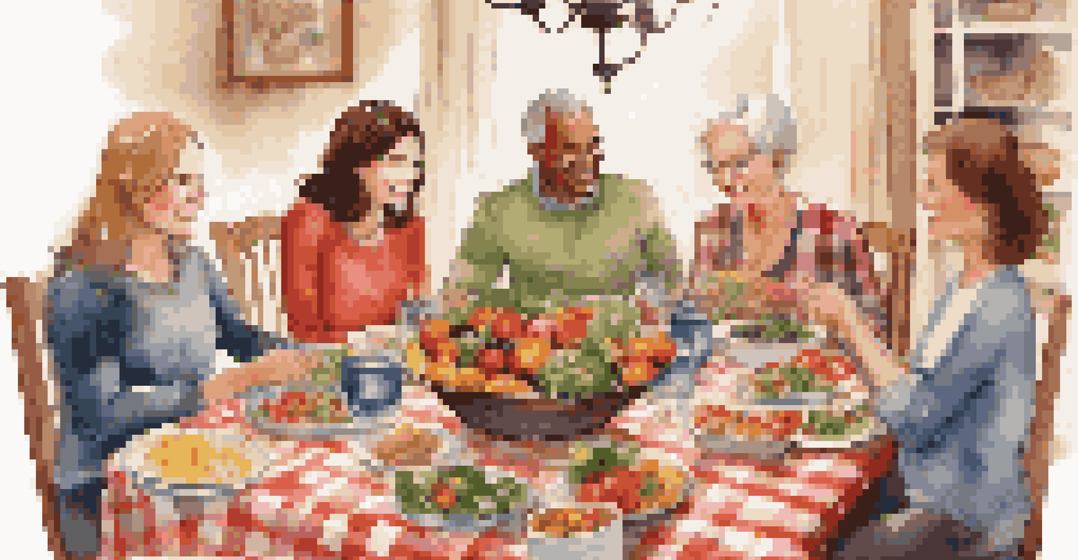 A family dining table filled with healthy food, including a salad and grilled vegetables, with smiling faces around.