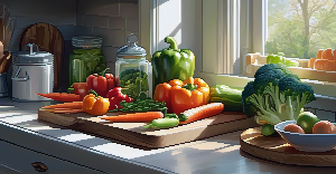 An organized kitchen counter with fresh vegetables and meal prep containers, illuminated by soft natural light.