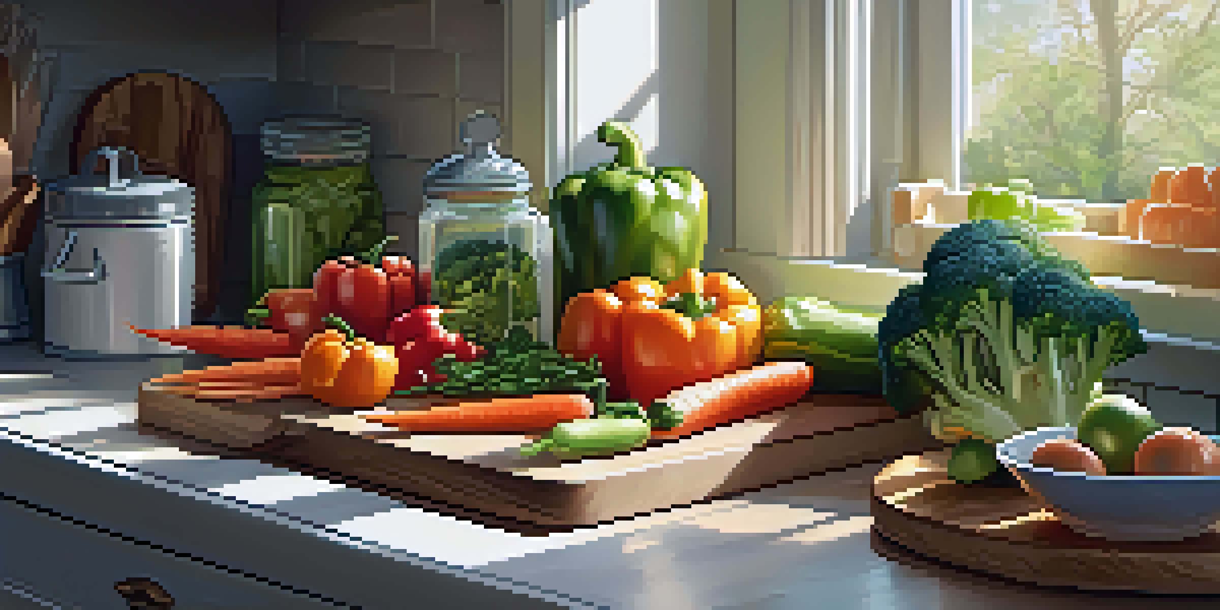 An organized kitchen counter with fresh vegetables and meal prep containers, illuminated by soft natural light.